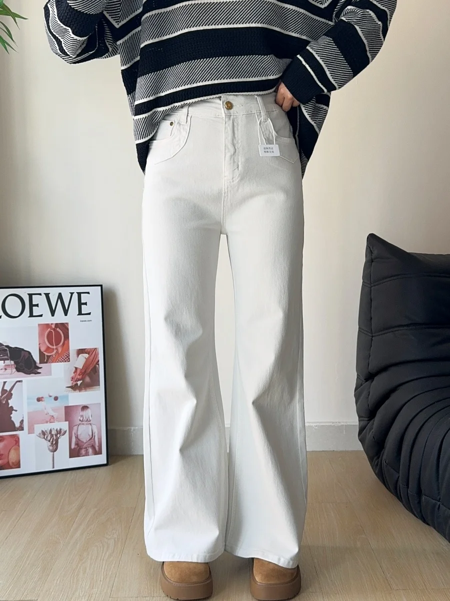 

High Waist Elastic Women's Bell Bottom Jeans White Micro Flared Spring Cotton Stretch Denim High Elasticity Spring Season Lad...