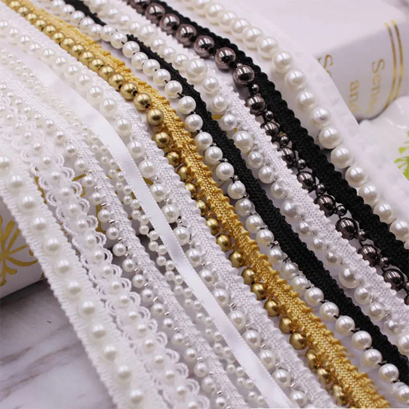 

1yard Pearl Bead Lace Ribbon Fabric Trim Ribbons Applique Pearl Fringe for DIY Sewing Garments Wedding Party Accessories