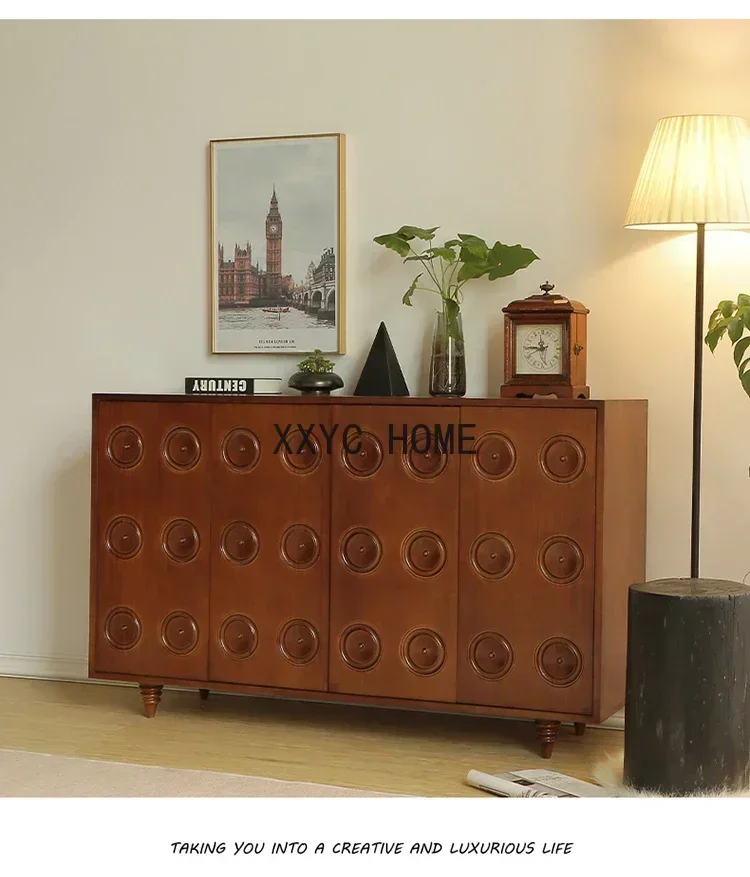 Mid-Ancient Retro Style Sideboard Cabinet Solid Wood Carved Hallway Tea Cabinet Living Room Dining Room Wall Storage
