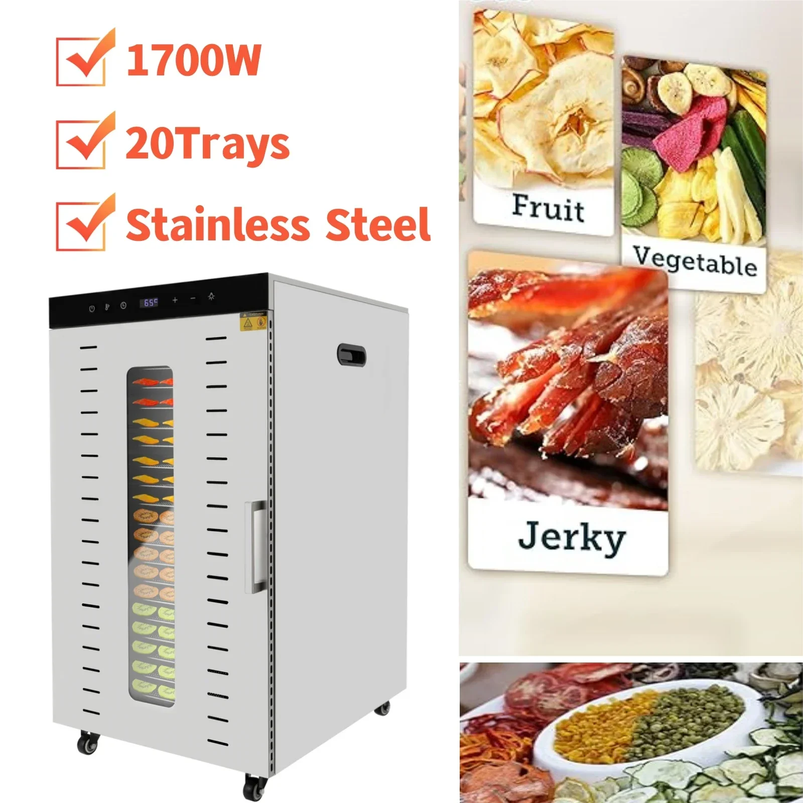 

1700W Adjustable Temperature Fruit Vegetable Dehydrator Food Dehydrator Machine with 20 Stainless Steel Trays 86-194℃