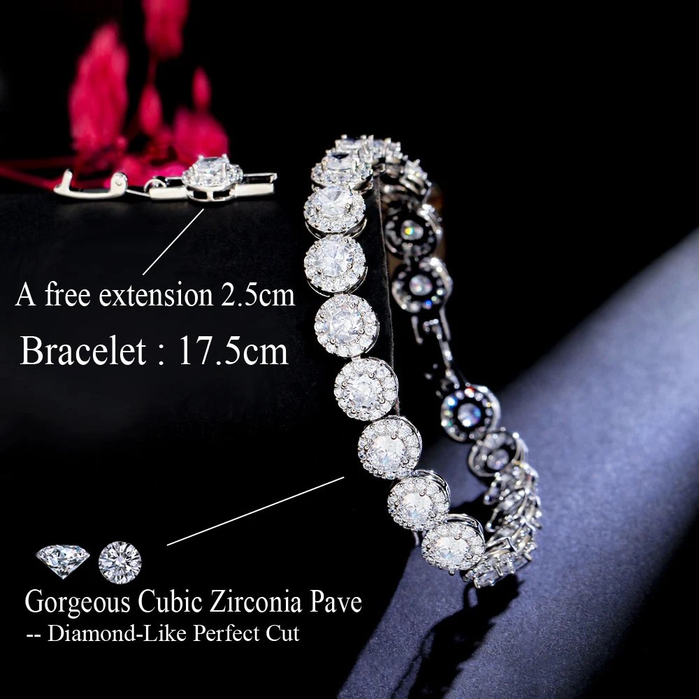 CWWZircons Glittering Round Cubic Zircon Pave Silver Color Women Wedding Banquet Engagement Bracelets for Brides Jewelry CB292