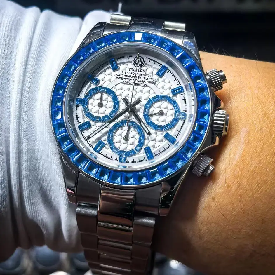 OKPLAY Men Chronograph Watch Pilot 40mm Quartz Wristwatch Sapphire Mirror Luminous 100m Waterproof Crystal Bezel VK63 Mov