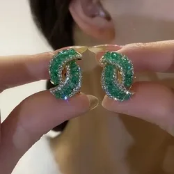 Sparking Green Rhinestone Double C Earrings For Women Fashion Crystal Irregular Geometrics Earrings Elegant Party Jewelry Gift