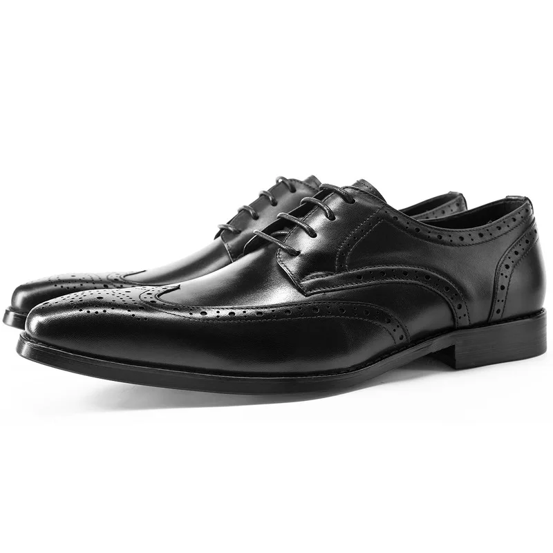 Business Formal Men's Brogue Derby Shoes, Cowhide with Burnished Finish, Small Square Toe Men's Shoes