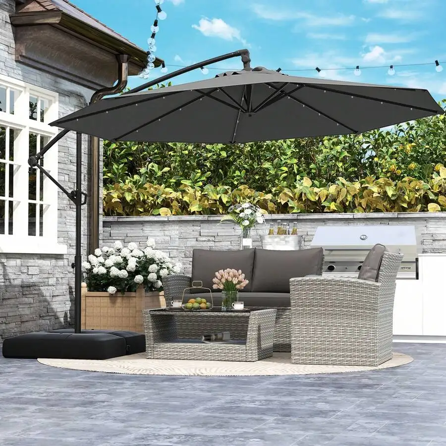 10 FT Solar Offset Hanging Umbrella Patio Cantilever Umbrella With 32 LED Lights