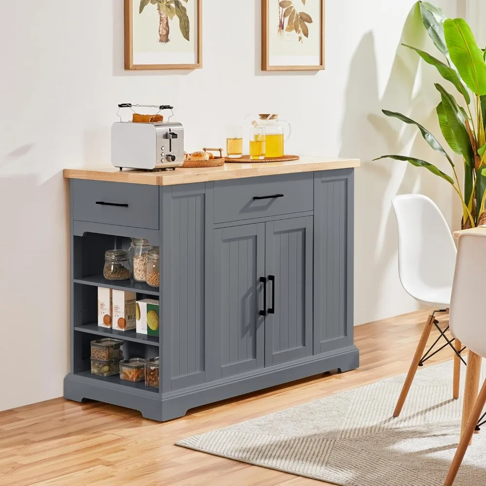 Rolling Kitchen Island with Thicker Rubberwood Countertop, Kitchen Cart on Hidden Wheels with 3 Drawers & Open Shelves, Storage