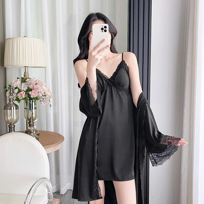 Sexy Fashion Lace Splicing Robe Outfits Elegant Women V-Neck Spaghetti Strap Nightdress Robe 2Pcs Set Summer Home Clothes