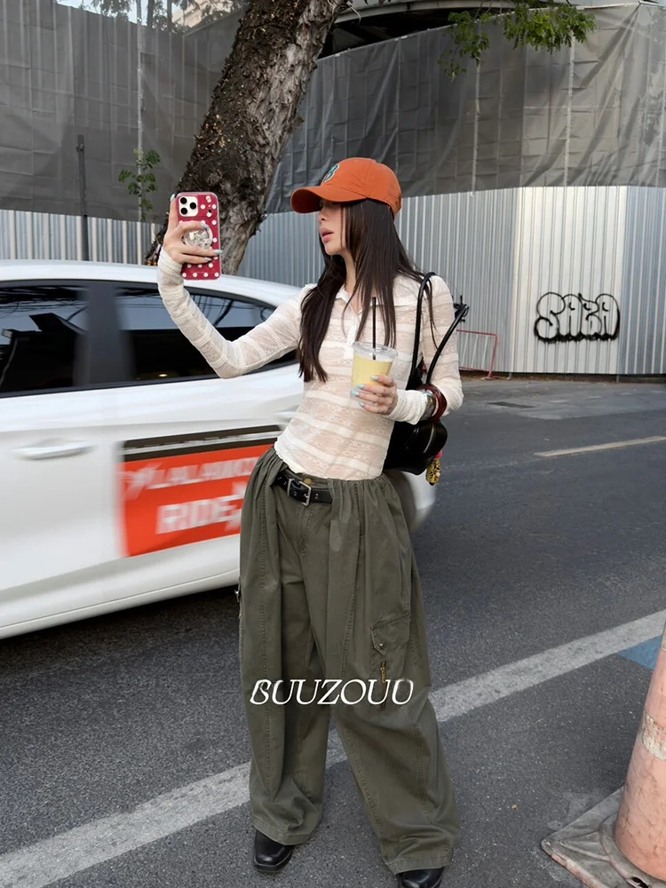 

MMFISH2026 Early Spring New Vintage Bloom Work Pants Women Loose Slim Wide Leg Pocket Casual Long Trousers Casual Style Pure ...