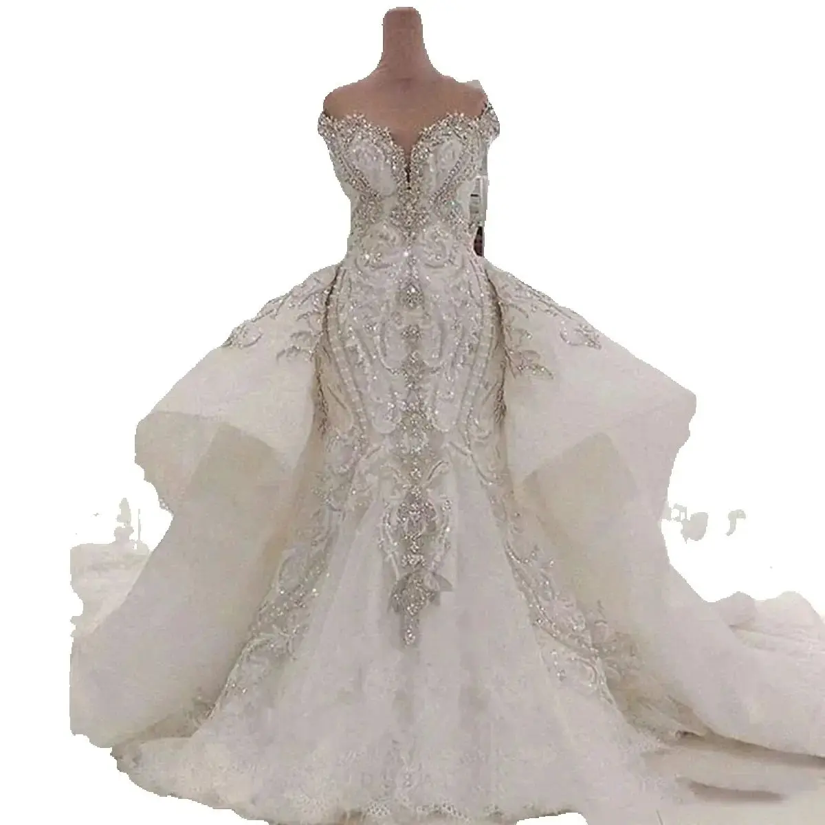 

Customized Sweetheart Heavy Crystals Beads Mermaid Wedding Dress Vestido Detachable Train Luxury Off Shoulder Bridal Gowns