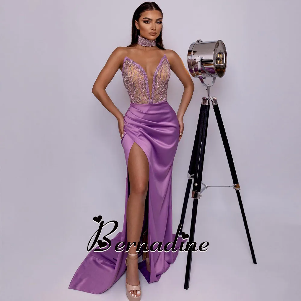 

Bernadine Attractive Trumpet Prom Dress Pleated Slit Satin Strapless Sequin Sleeveless Party Robes De Soiree Customised