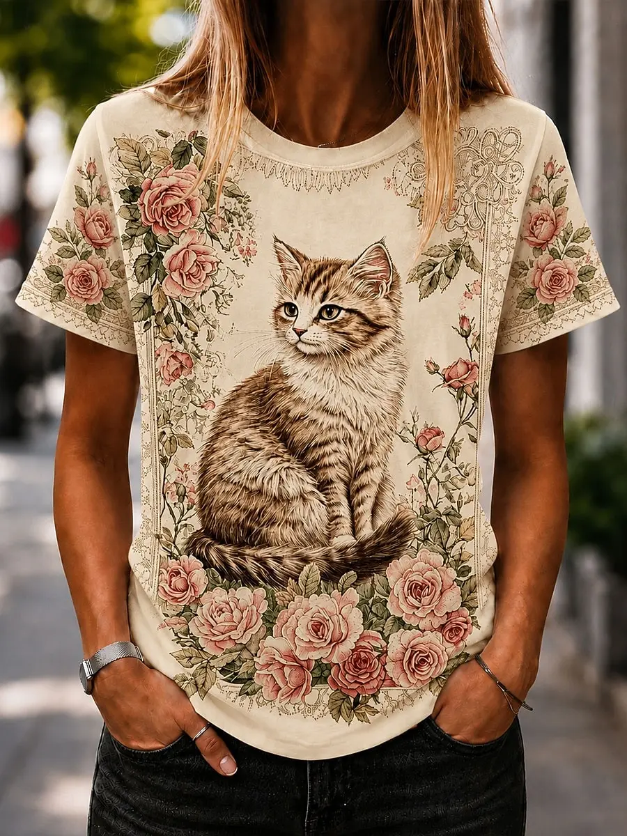 Women's Spring Summer 3D Printed Crew Neck T Shirt, Blue Sky White Cloud Westie Dog Realistic Animal Print Casual Leisure Top