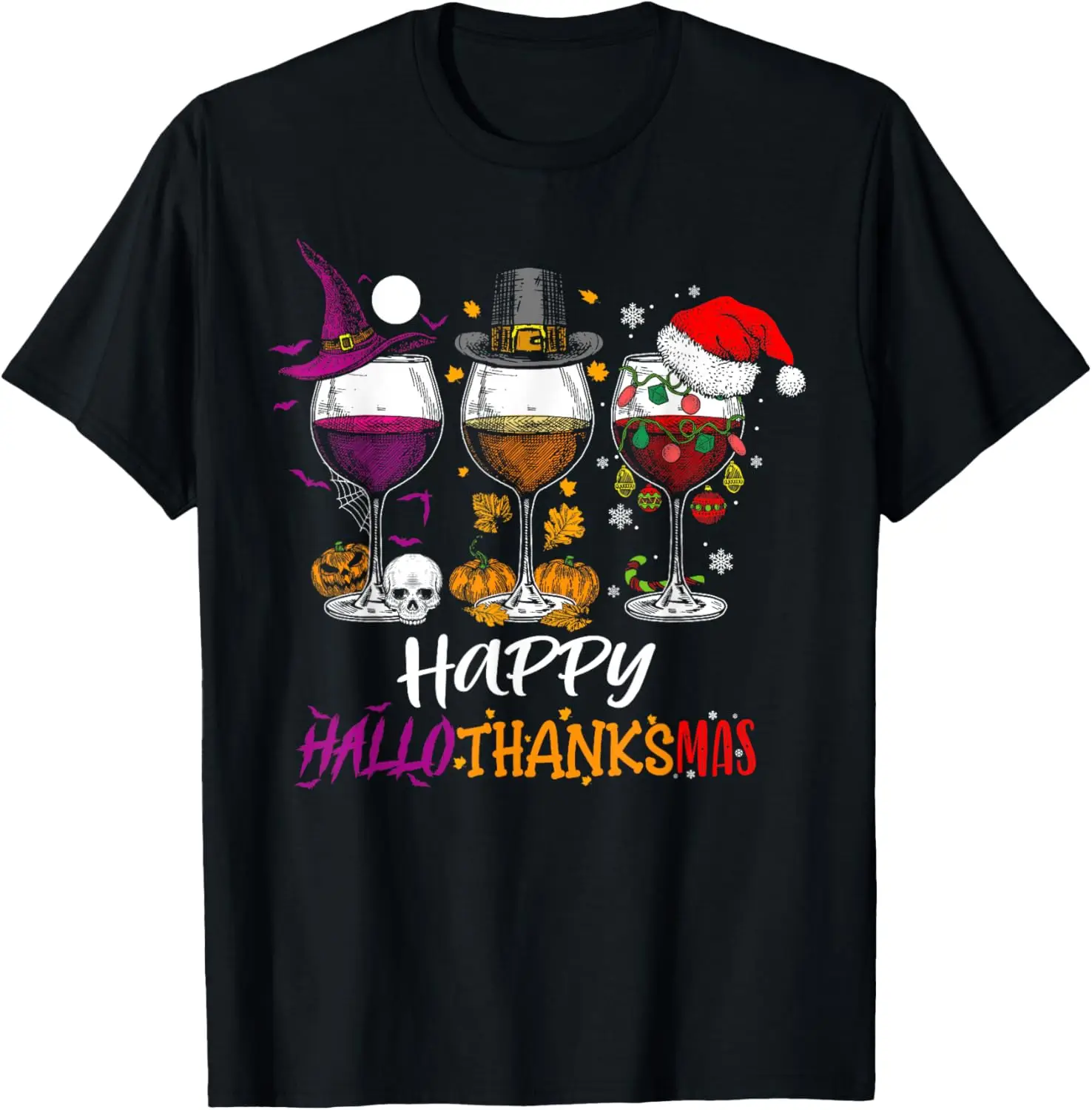 Happy Hallothanksmas Halloween Wine Thanksgiving Christmas T-Shirt