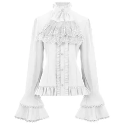 Medieval Women's Victorian Shirt Top Punk Retro Pleated Lace Stitching Shirt Female Clothing Long Sleeved Ruffle Collar Shirt