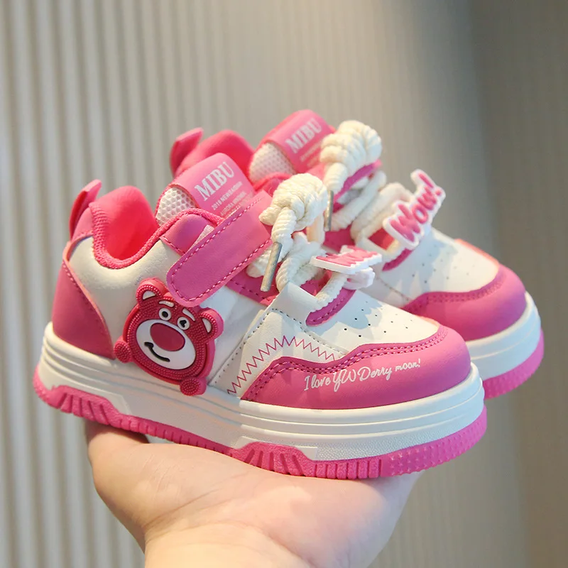 أطفال حذاء كاجوال أحذية رياضية بولي Leather جلد الكرتون الدب الصغير الربيع أحذية للفتيات سميكة القاع الفيلكرو الوردي حذاء أسود حجم 21-32