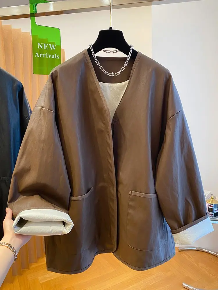 Premium brown leather jacket women's spring and autumn 20245 loose Maillard wear PU leather