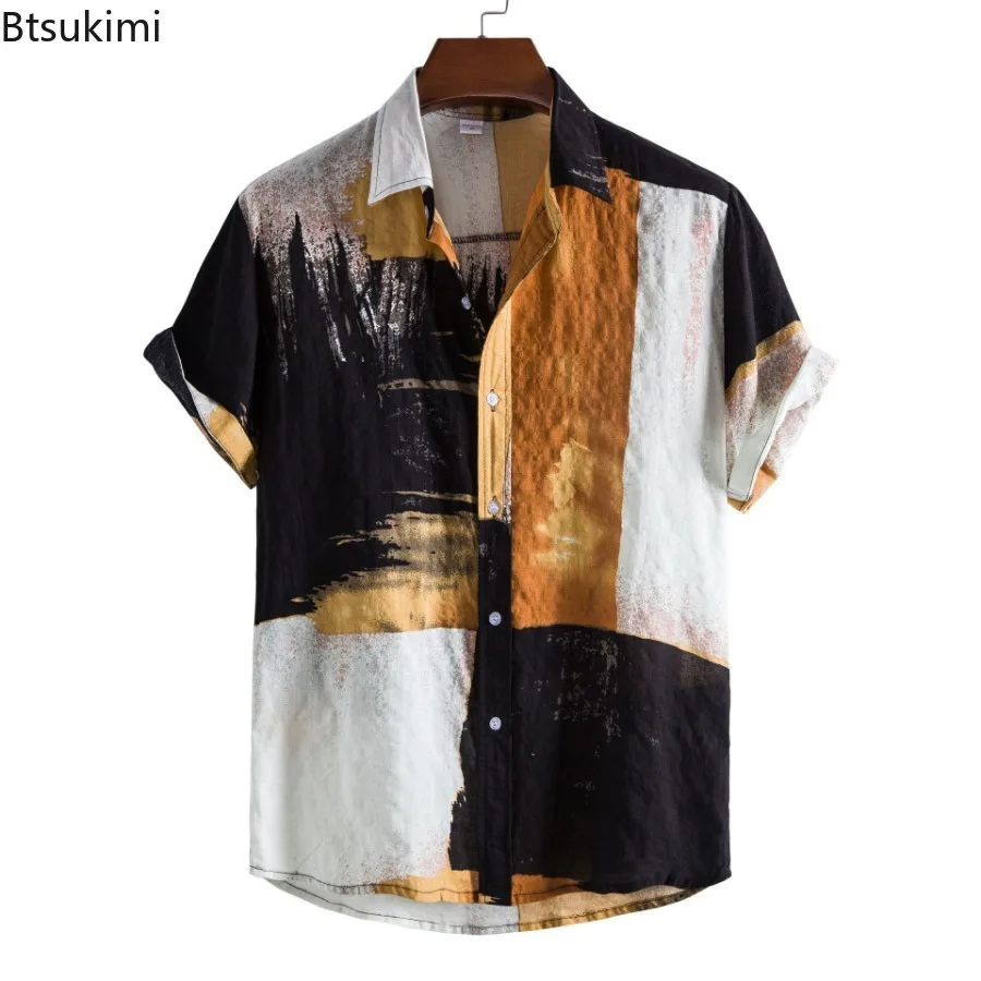 Camisa de lino para hombre, cárdigan informal hawaiano, Tops con bloques de colores, blusa de playa de manga corta con estampado de moda, camisola masculina de verano 2024