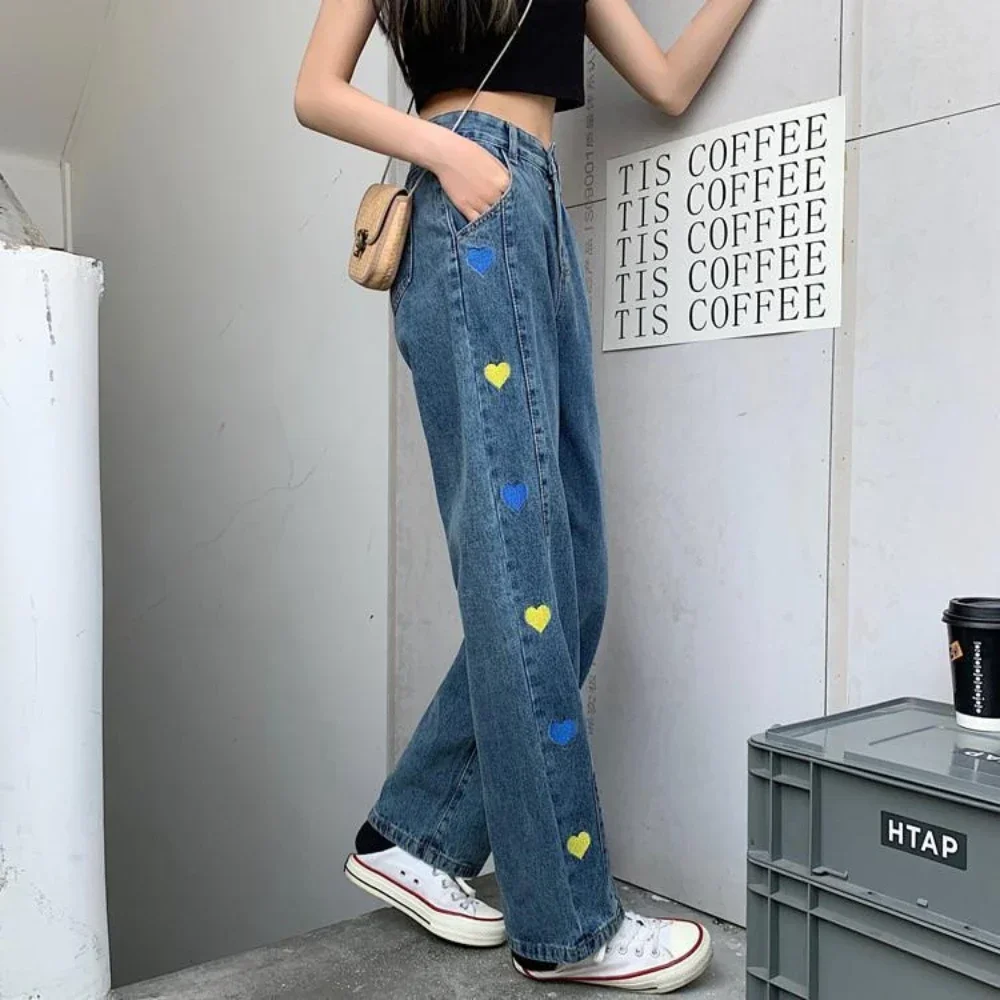 

Women's Jeans High Waist Shot Straight Leg Blue Trousers with Hearts Pockets Pants for Woman Embroidered Chic and Elegant Pant Z