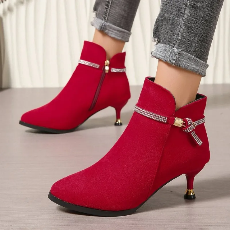 Damen High Heels Schuhe Elegante Wildleder Spitzpumps Stilettos Elegante Kurze Stiefel Mode Luxus Kristall für Frauen Herbst – Detail 6