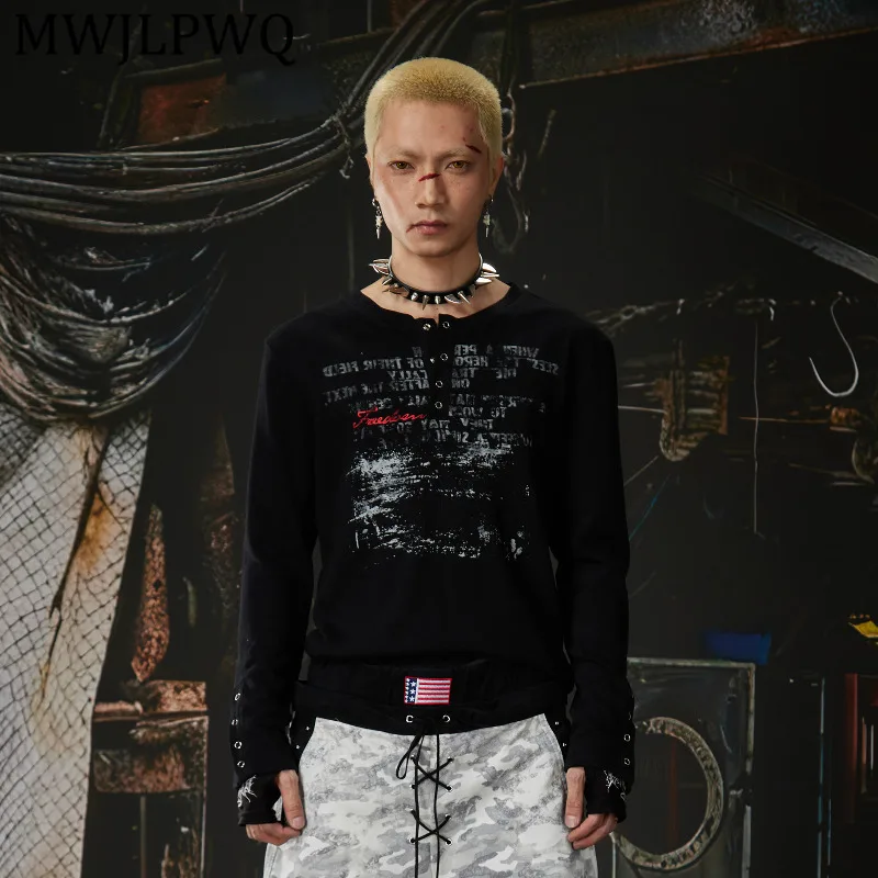 

MWJLPWQ Новая мужская футболка с винтажным принтом Y2K для мужчин, с круглым воротником и пуговицами, облегающий крой, с длинными рукавами, весенние повседневные топы 13866