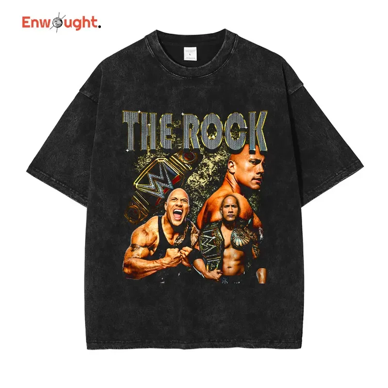 The Rock T Shirt Dwayne Johnson Tops Tees Vintage Washed Short Sleeve Old School Style Oversized T-shirt Streetwear Men Cotton