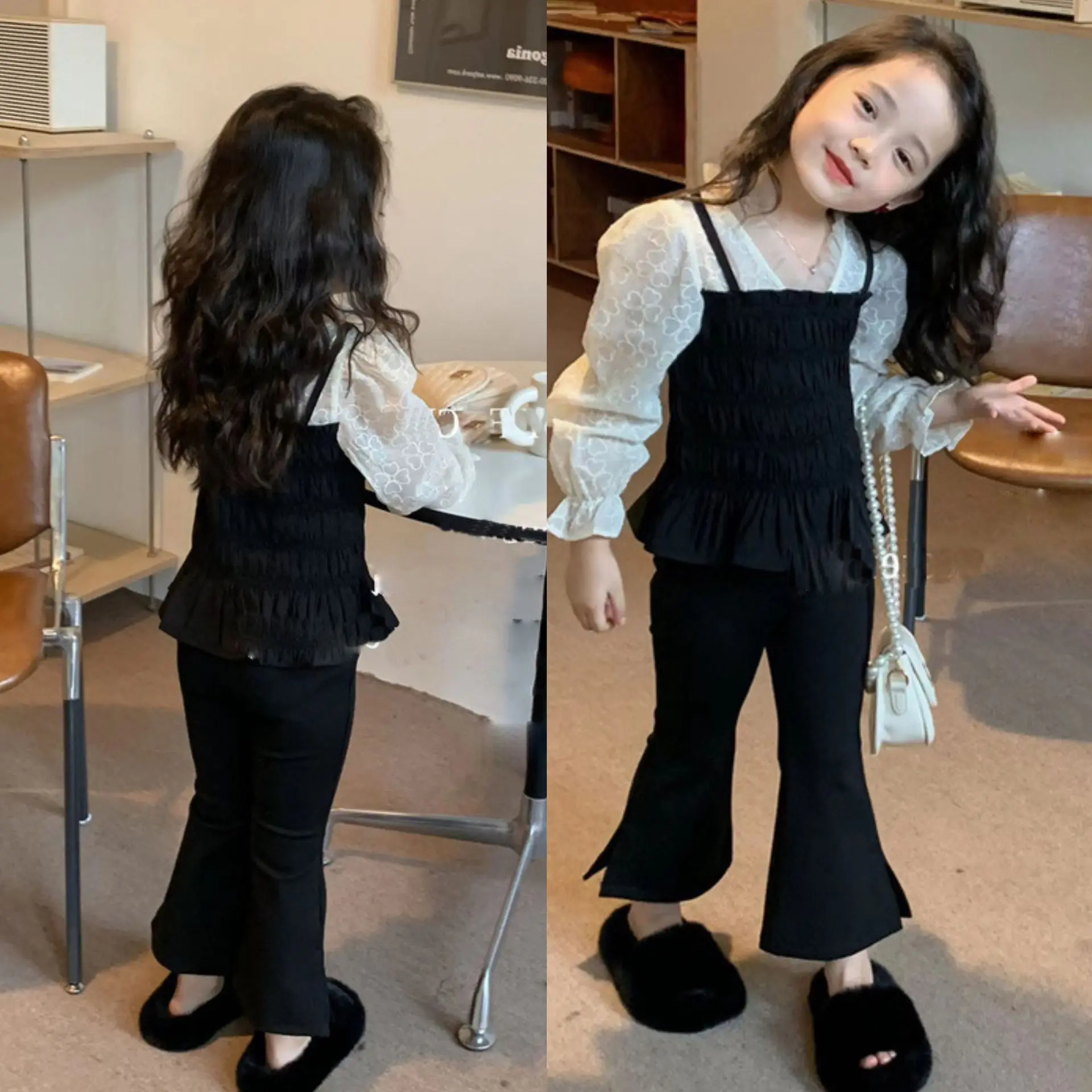 Set di abbigliamento per bambini Halter Doll Shirt Fake Two + Bell Bottoms 2 pezzi Set Baby Girl Outfit Set abbigliamento per bambini per ragazze