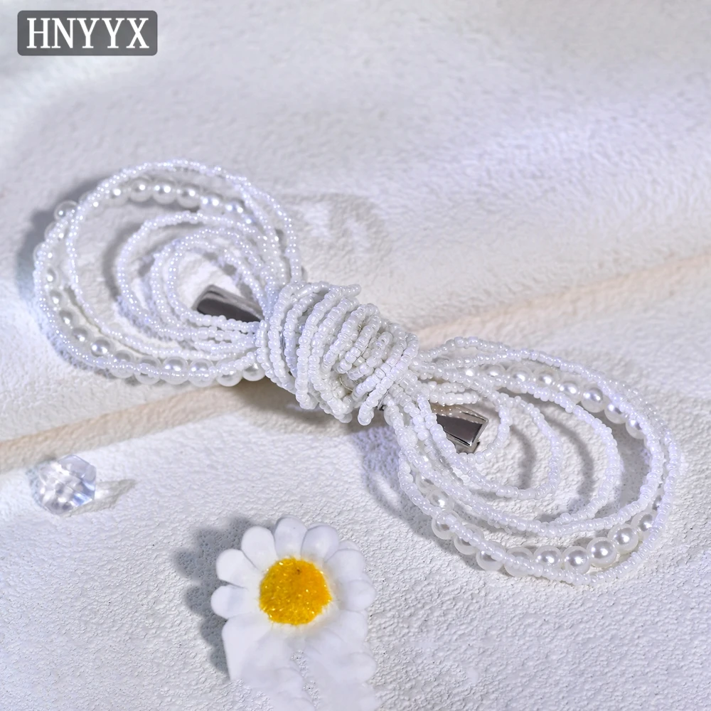 

HNCCX Trendy Handmade Beaded Bride Bow Hair Clips White Color Women Daily Duckbill Clips Hair Accessories Wedding Headband A93