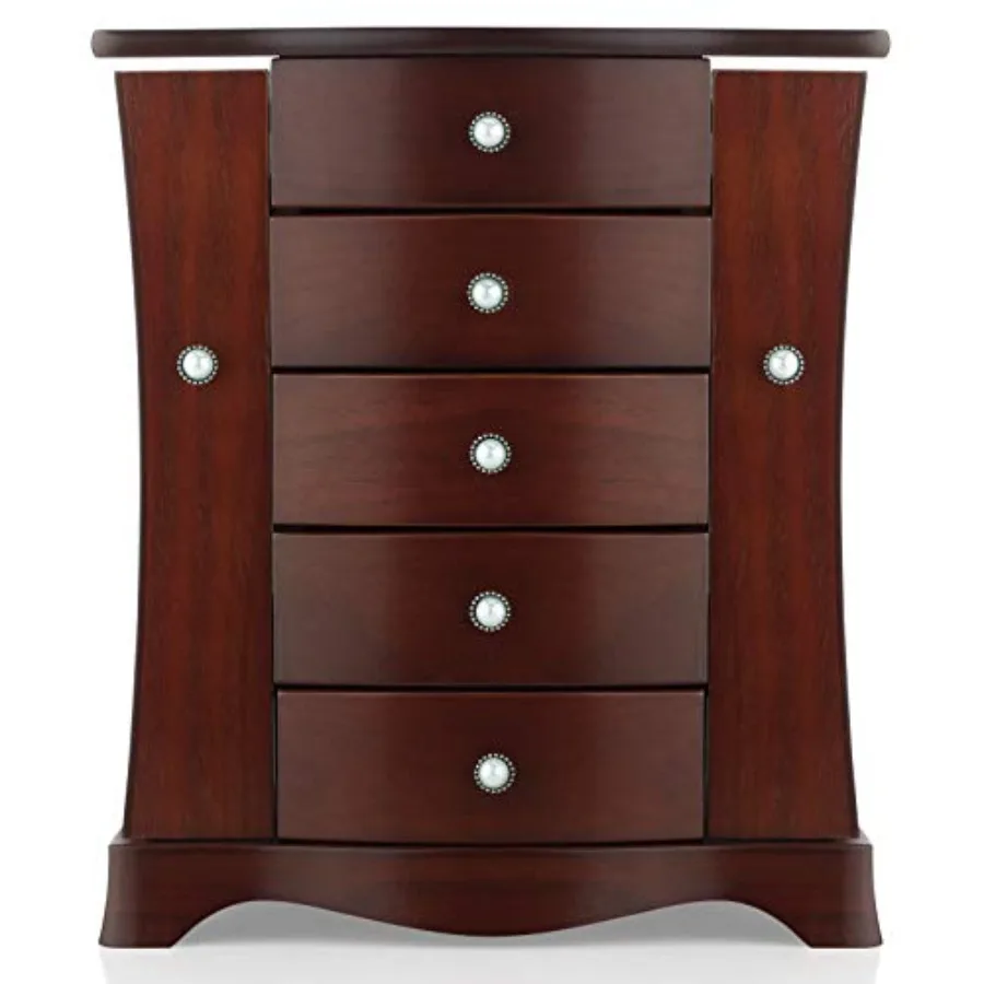 Jewelry Box - Made of Solid Wood with Tower Style 4 Drawers Organizer and 2 Separated Open Doors on 2 Sides and Large Mirror Br
