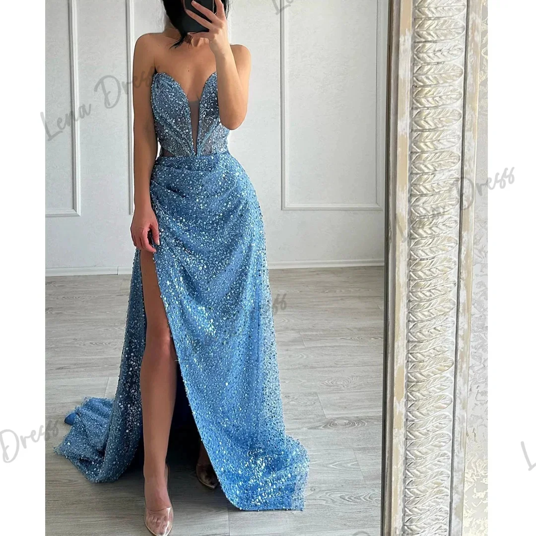 Heart-shaped Evening Dresses Woman Elegant Party Dresses for Women Luxury Prom Dress 2024 Fish Tail Side Slit Blue Sequins Lena