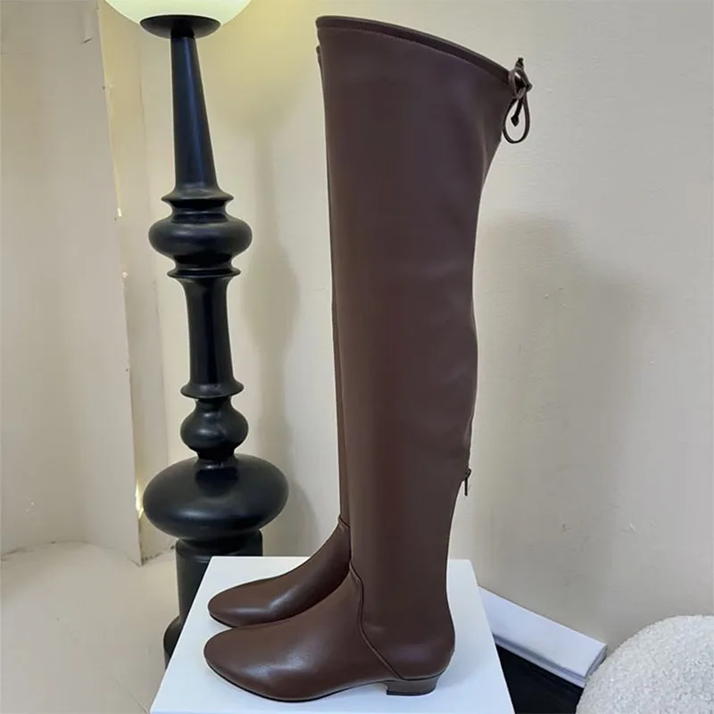 

New Thigh High Boots Women Round Toe Square Heels Runway Shoes Women Coffee Black Stretch Boots Over The High Boots Woman