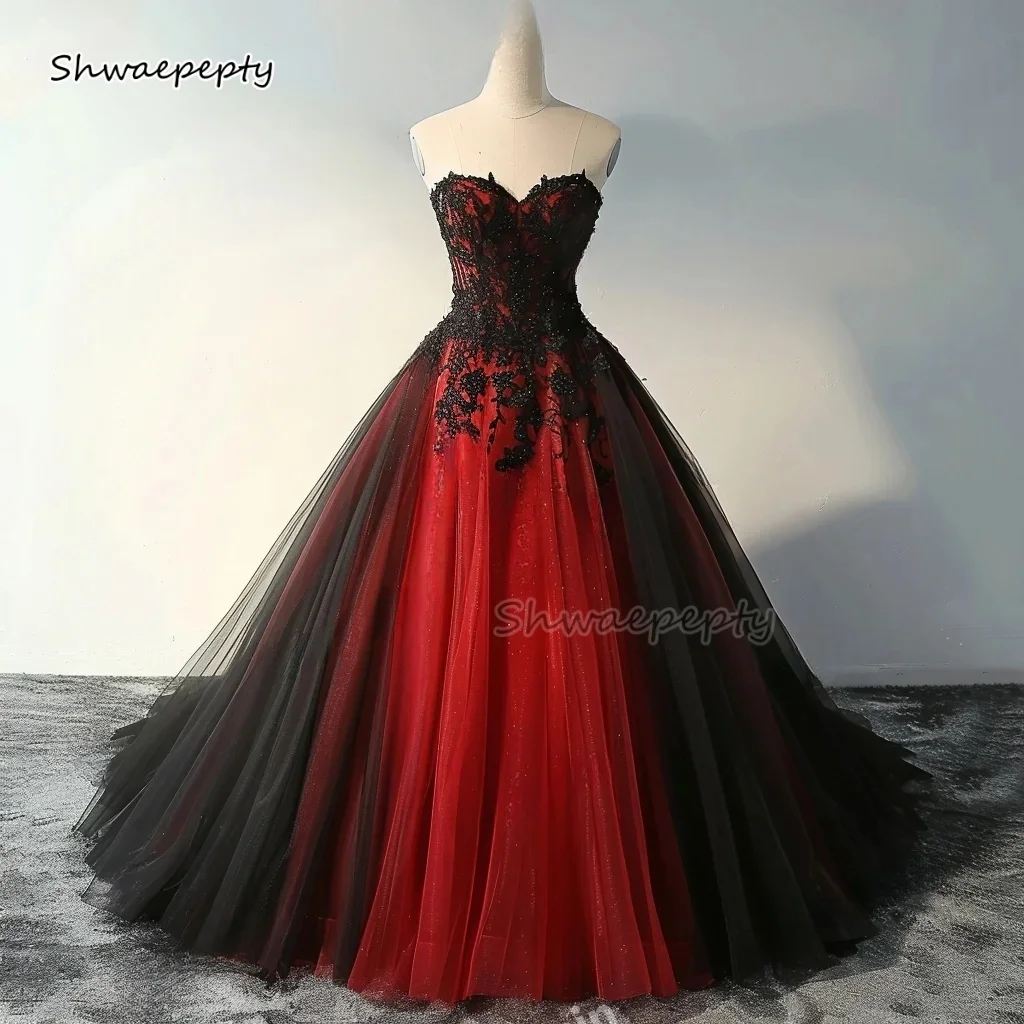 

Dark Red And Black Gothic Wedding Dress Sweetheart Corset Tulle A-Line Vintage Long Bridal Gown Lace Appliques Customized