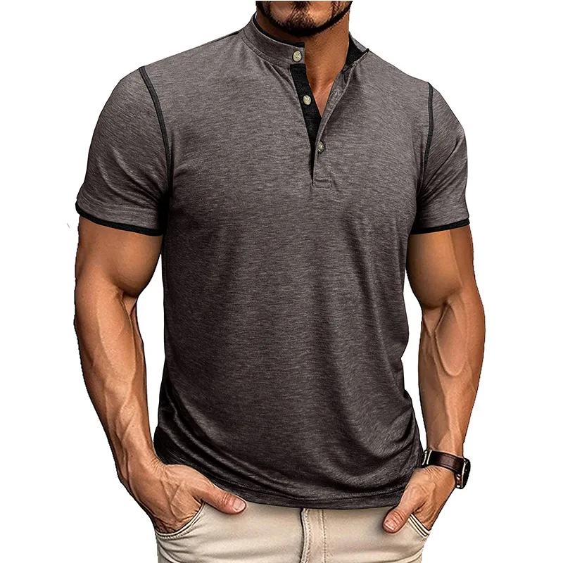 Men's Round Stand Collar Open Top Short Sleeved Double Layered Spliced Top Color Blocked Spliced