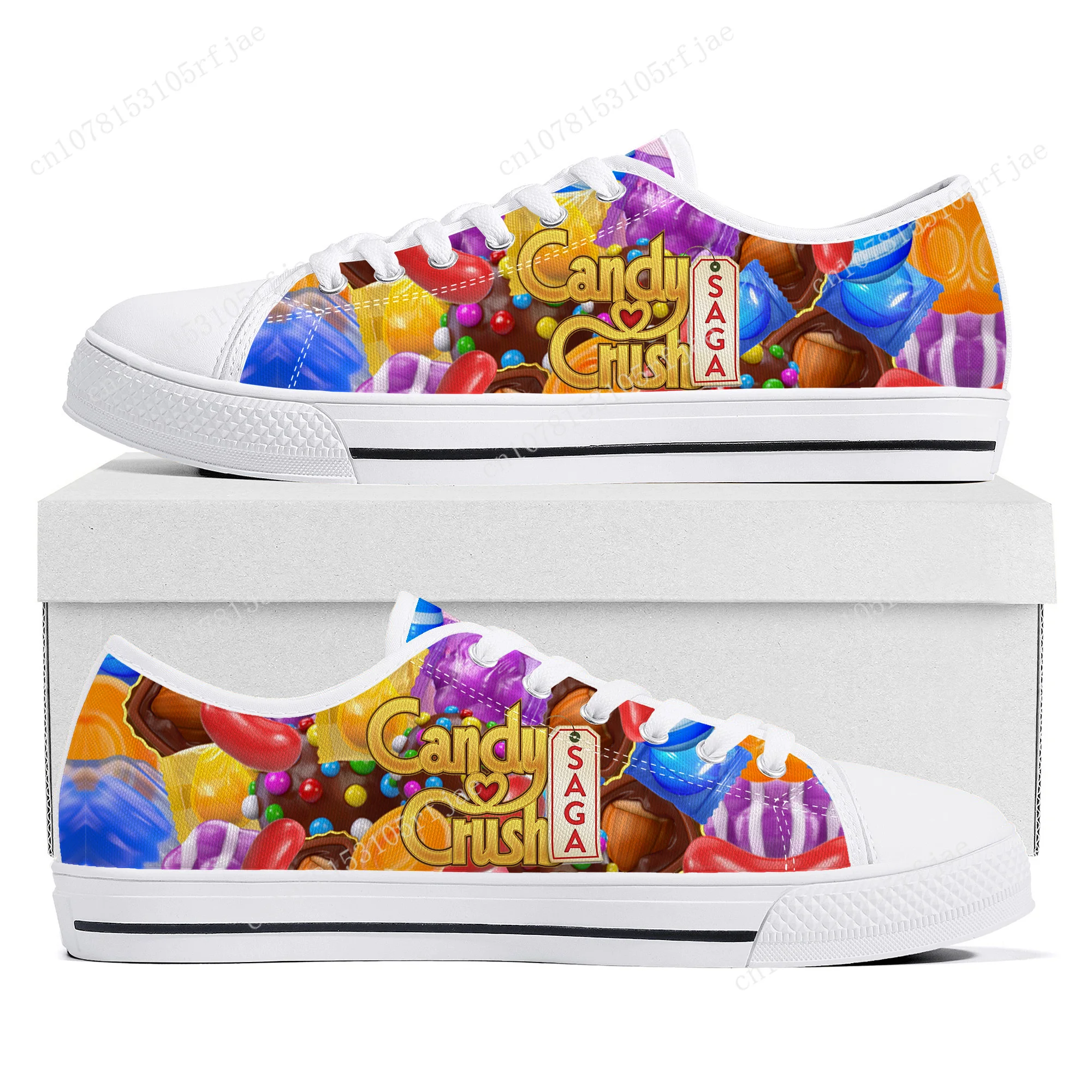 Candy Crush Saga zapatillas bajas, juego de dibujos animados, zapatillas de lona de alta calidad, moda para pareja, zapatos personalizados