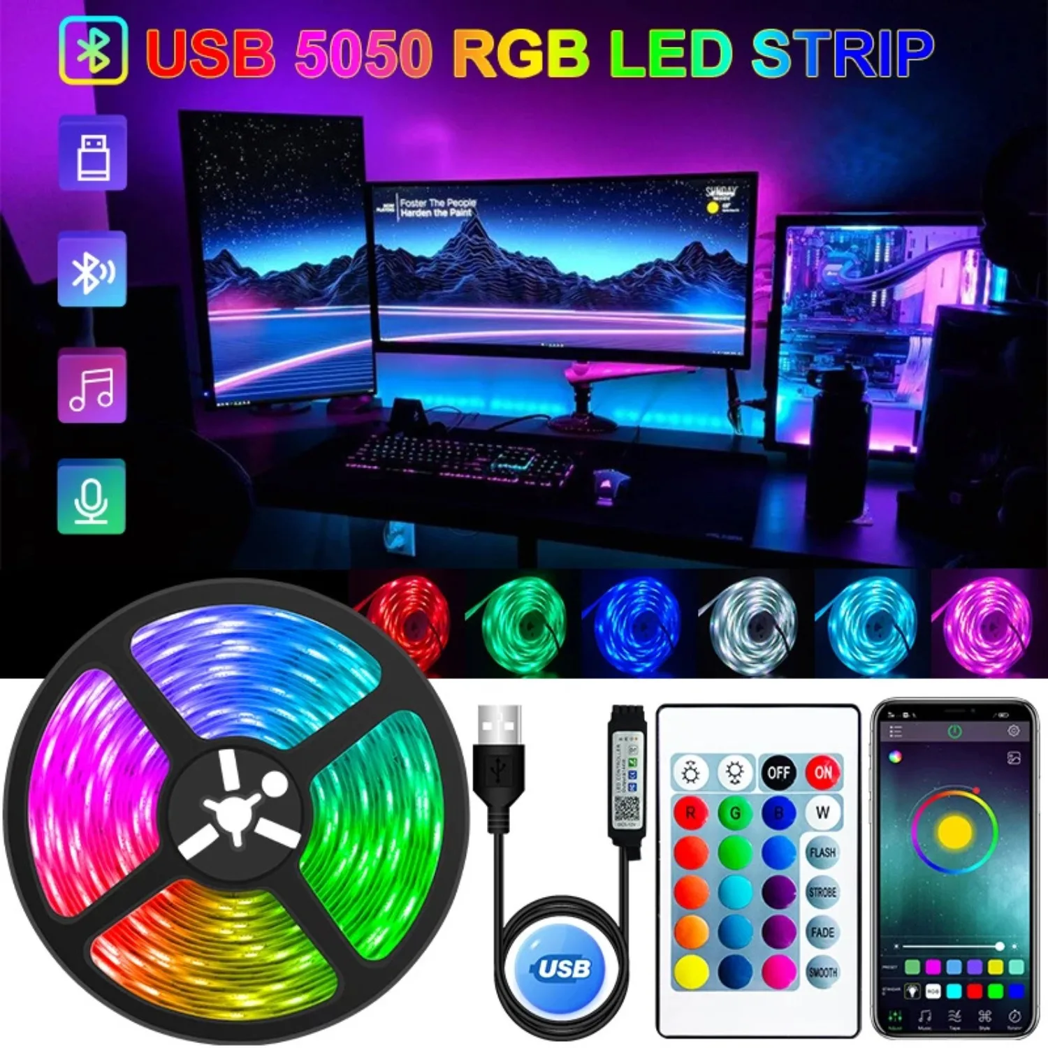 USB LED Strip Lights APP Control Color Changing 5050 RGB Led Light Flexible Lamp Tape for Room Decoration TV Backlight Decoder