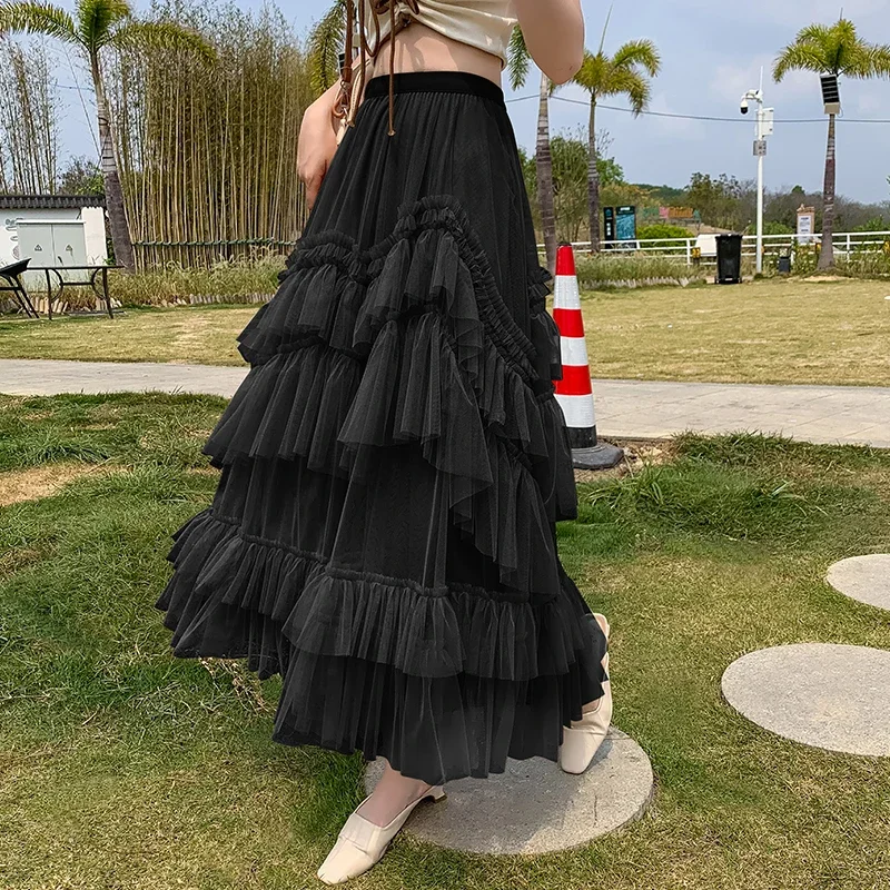 Y2k Tulle Skirt Ladies Elastic High Waist Patchwork French-chic A Line Sweet Mesh Long Skirts Korean Style Dropshipping