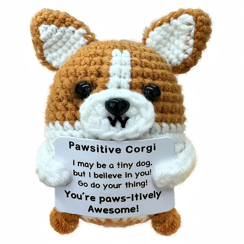 

Funny Positive Energy Crochet Dog with Card Emotional Support Desktop Ornament Handmade Knitted Dolls Home Room Decoration Gifts
