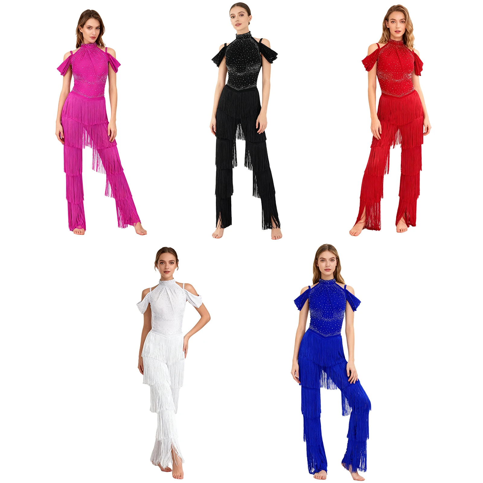 Womens Fringed Latin Dance Costume Ballroom Chacha Tassel Jumpsuit Rompers for Samba Rumba Salsa Dance Perfomance Bodysuit