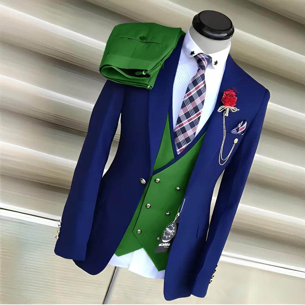 Fashion Men's Suit 3-piece Set Royal Blue with Yellow Wedding Groom Tuxedo Jacket Pants Vest Outfit for Mens