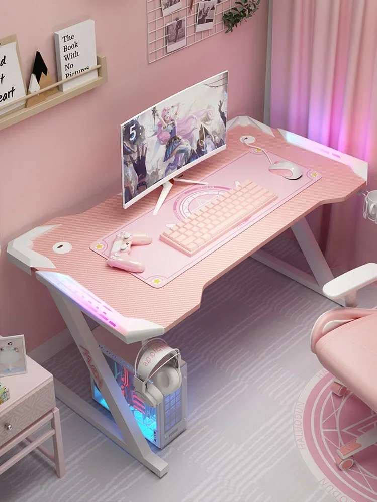 Nuevo Mesa de juegos rosa con luz RGB, escritorio de ordenador con ancla femenina