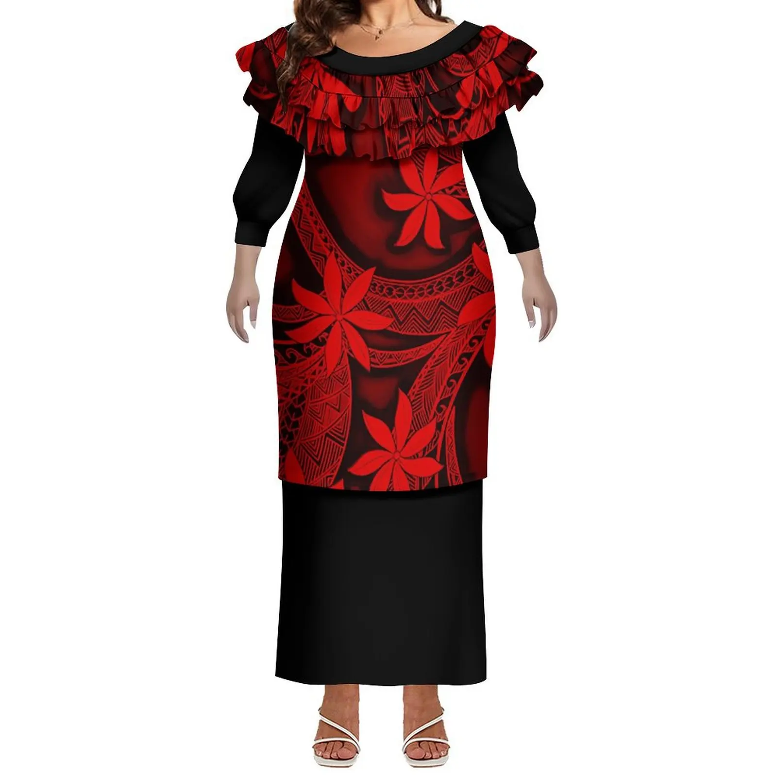 

Высококачественное женское платье с двойными рюшами и длинными рукавами, длинное платье Samoan Puletasi, топ и юбки, комплект из двух предметов