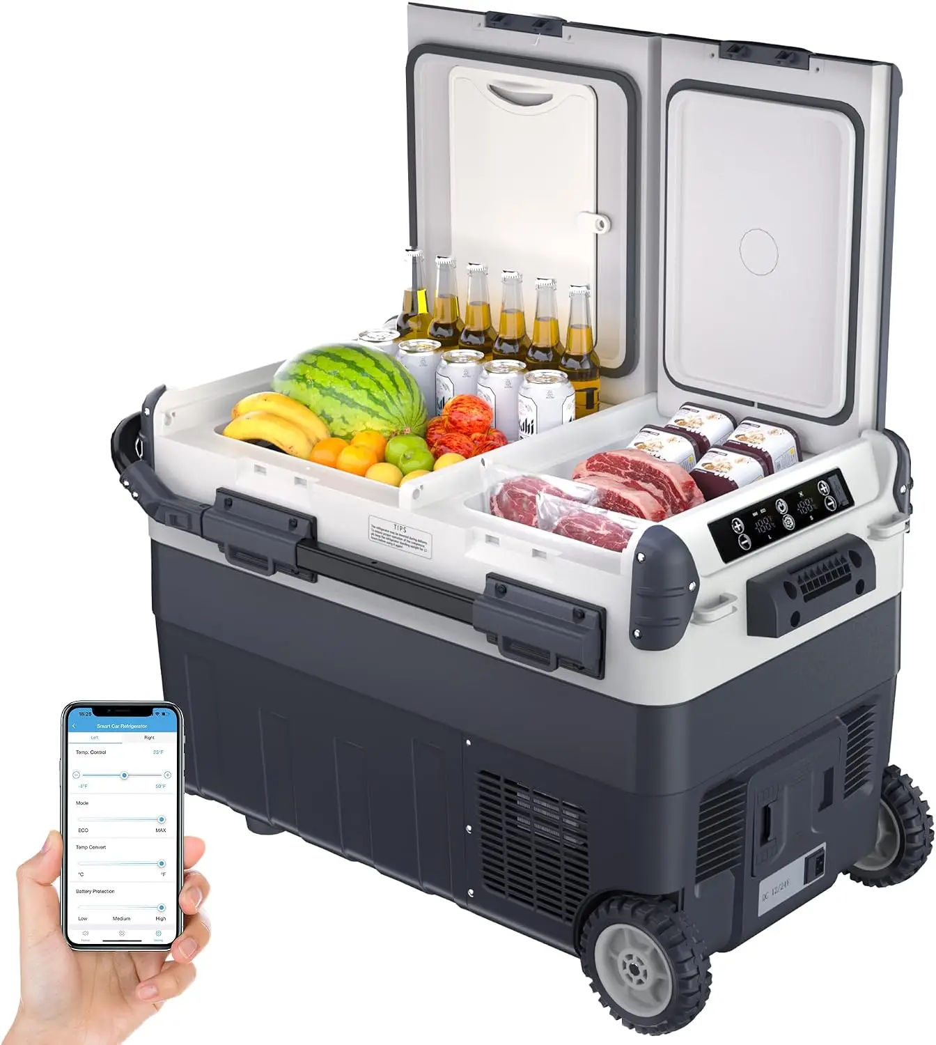 Tacleekii 40L 50L Car Refrigerator 12V Portable Fridge Freezer with App Control -4℉-68℉ Dual Zone Auto Cooler with Wheels for SUV Camping, Truck, RV, Travel, Road Trip