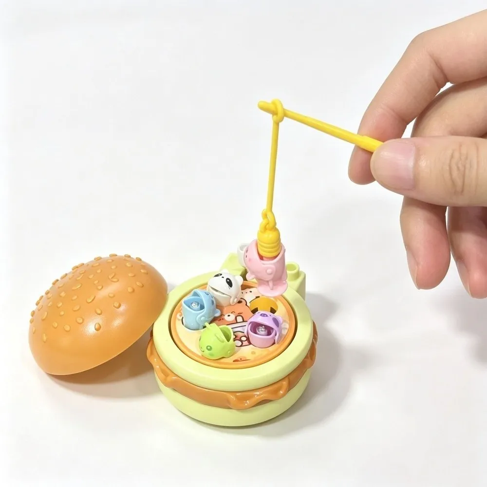 Hamburger Shape Fishing Game Keychain Cartoon Funny Magnetic Fishing Entertainment Rotating Fishing Machine Pendant