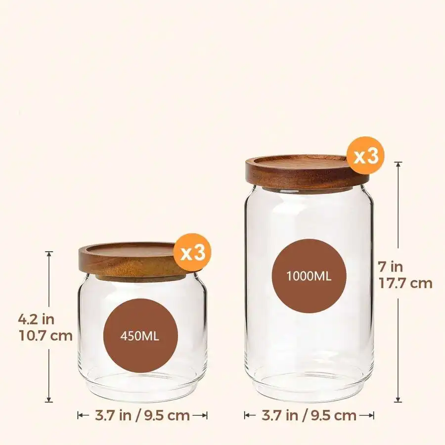 6PCS (1.1Qt/0.48Qt) Glass Pantry Storage Container With Acacia Wood Lid, Airtight Glass Canister With Stacked Design For Orderly