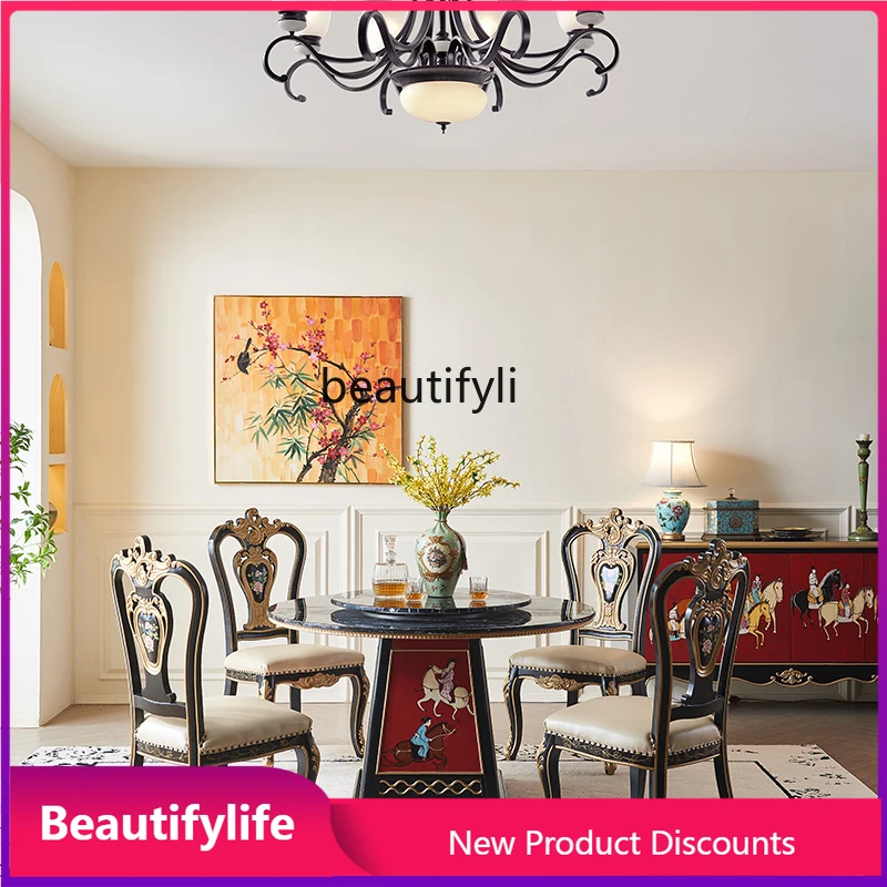 

H New Chinese Style High-End Villa Full Solid Wood Red Painted Marble Round Home Dining Table and Chairs