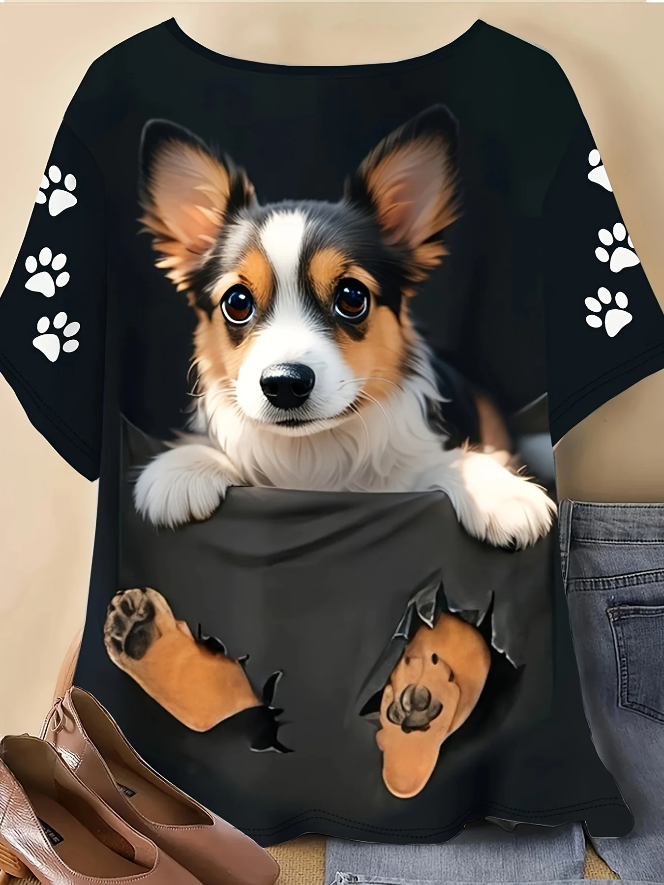 Women Round Neck Short Sleeve T‑shirt Cute Corgi Puppy Paw 3D Torn Paper Effect Print Loose Fit Casual Daily Women's Tee Top