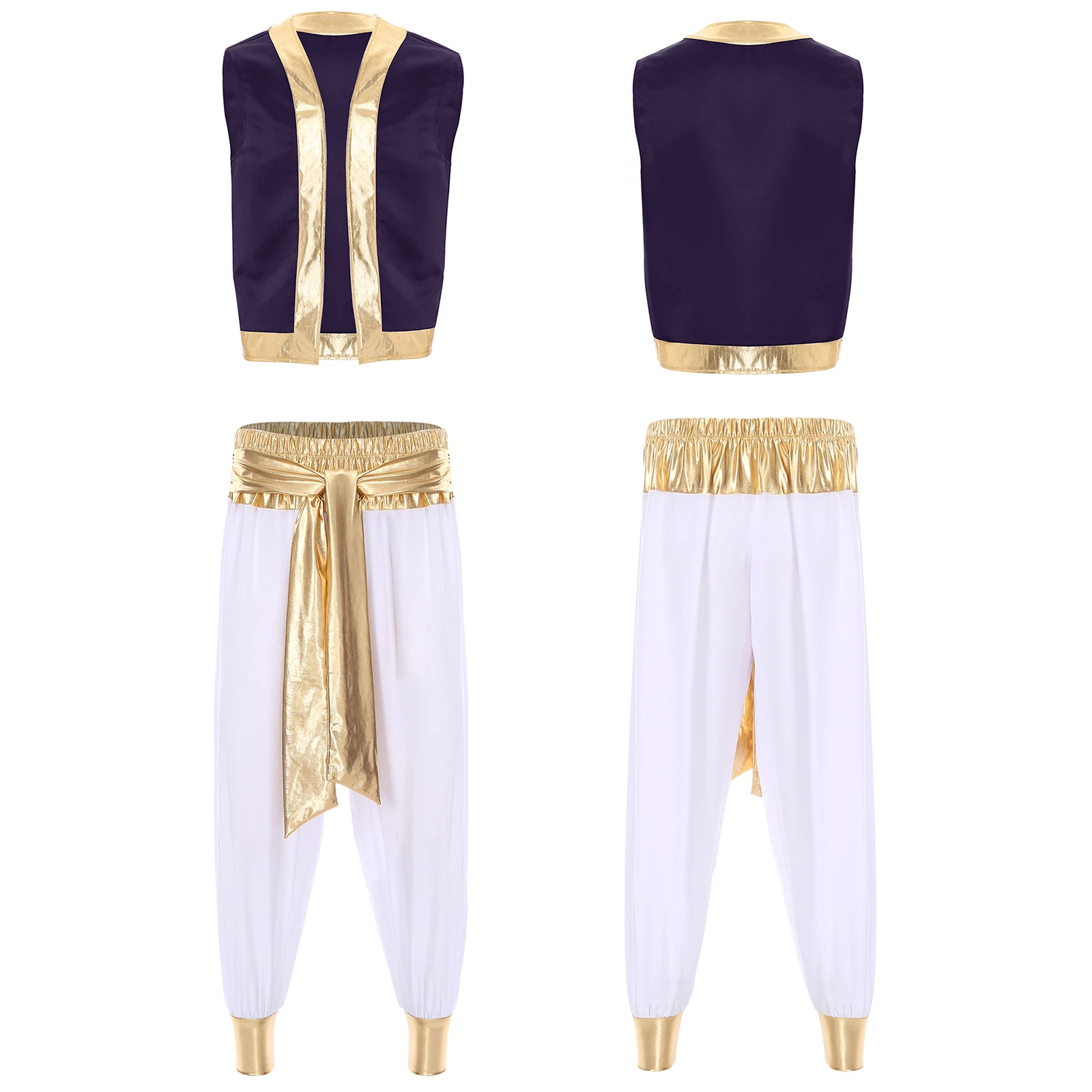 Heren Arabische Prins Aladin Kapitein Cosplay Kostuum Halloween Outfits Metallic Glanzende Trim Open Voorzijde Vest met Lange Broek Met Gordel