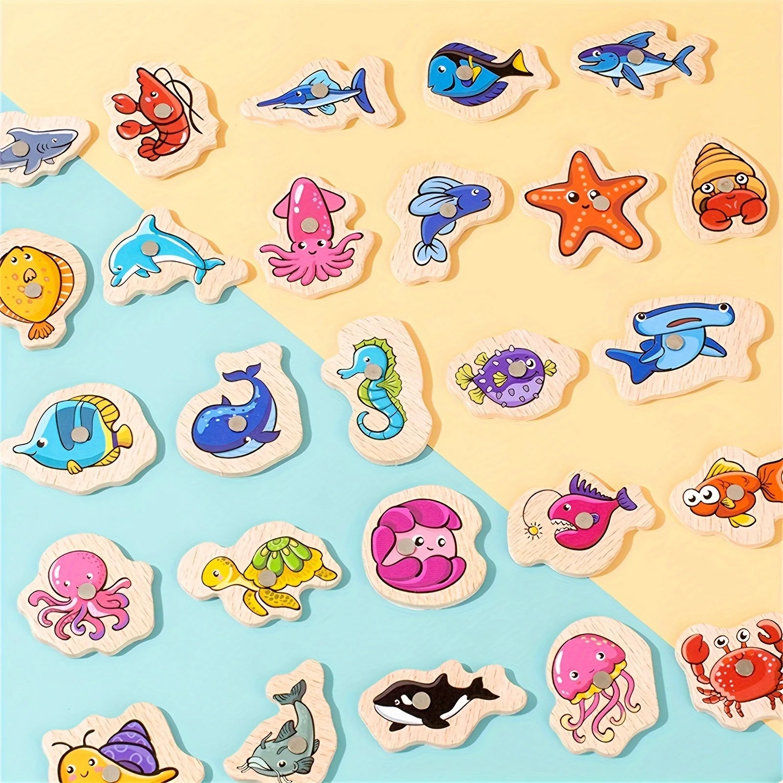 لعبة الصيد الخشبية المغناطيسية - لعبة تعليمية، قطع الحياة البحرية الملونة، التنمية المعرفية التفاعلية بين الوالدين والشباب #5