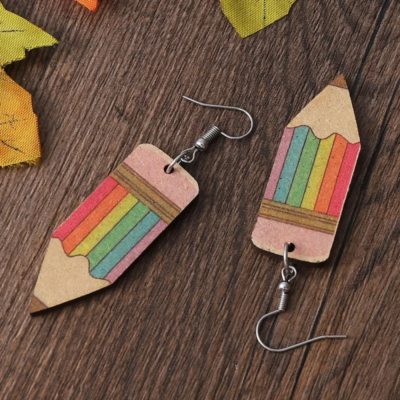 1pcs teaching and learning rainbow pencil wooden earrings, student teacher earrings cute earrings back to school season jewelry