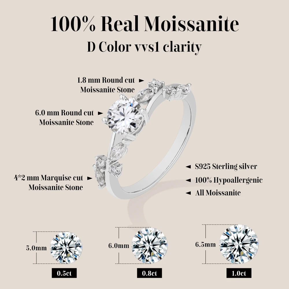 MINTYBOX Round Cut 6.0MM Moissanite Rings for Women S925 Sterling Silver Vine Shape Dainty Office Daily Wear Jewelry Top Quality