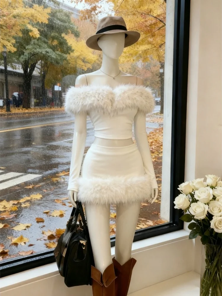 

Korean Sle Aosphere oulder One Word Women's Faionable Two-Piece Winter Set High Waist Skirt Long Sve round Ne