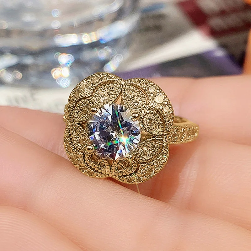 Fashion Guochao ethnic style jewelry, retro flowers, exquisite flower round zircon women\'s ring